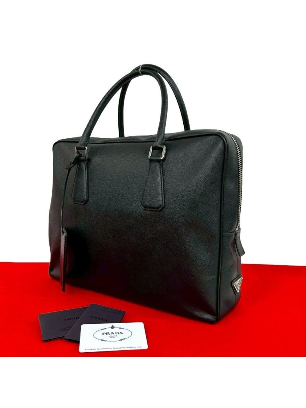 Prada Triangle Logo Plate Saffiano Leather Business Briefcase Black